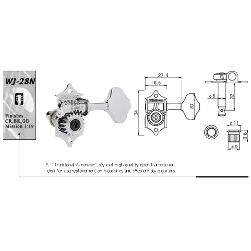 WILKINSON WJ-28N 3R3L Vintage Chrome Silver Open Butterbean Guitar Tuners Machine Head Parts 19:1 Gear Ratio