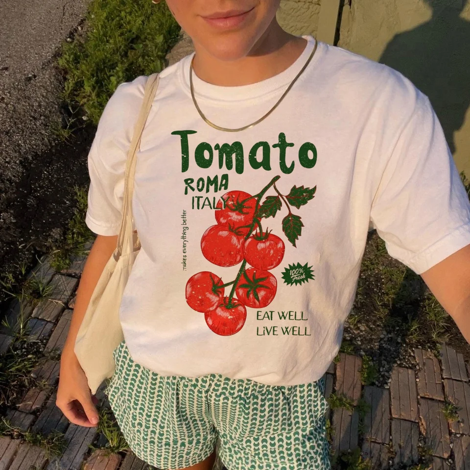 

Fashion Cartoon Tomato Roman Italian Pattern Short Sleeve Women's Casual Printed O-Neck T-Shirt Summer Cute Top White T-Shirt