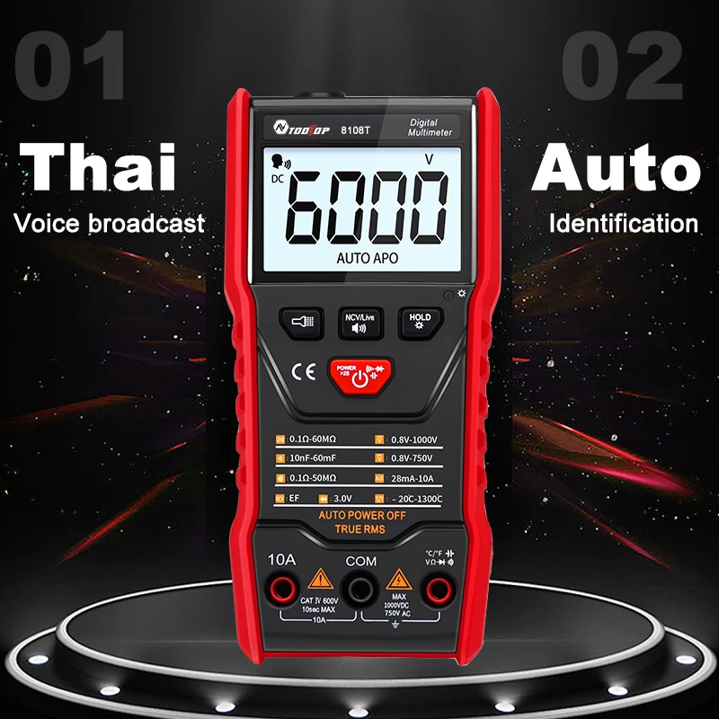 TOOLTOP True RMS Thai Voice multimetro digitale Auto Range AC/DC misuratore di tensione di corrente NCV capacità Ohm Tester amperometro