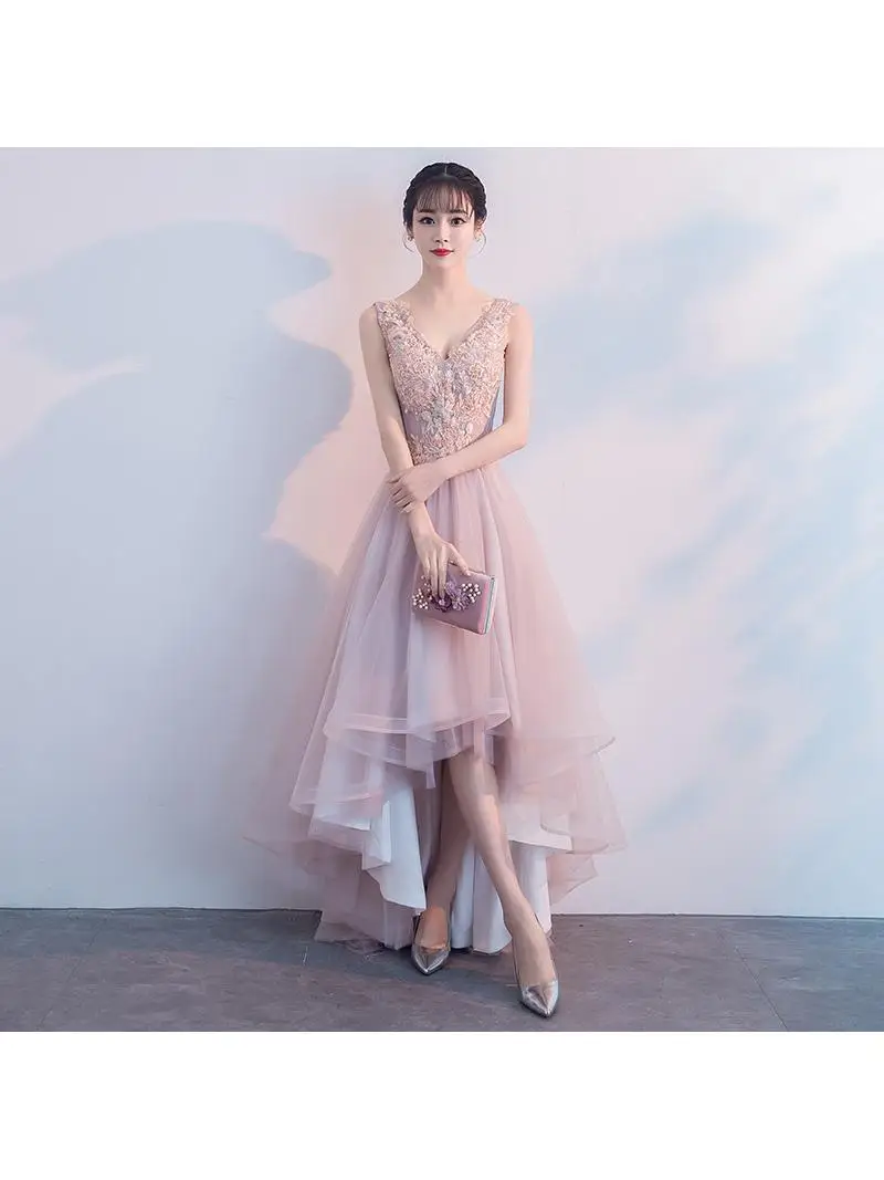 

2025 New Fairy Style Short Front Long Back Double Shoulder Host Pink Evening Gown Dress High Waist No Sleeve KTV Costume Poly...
