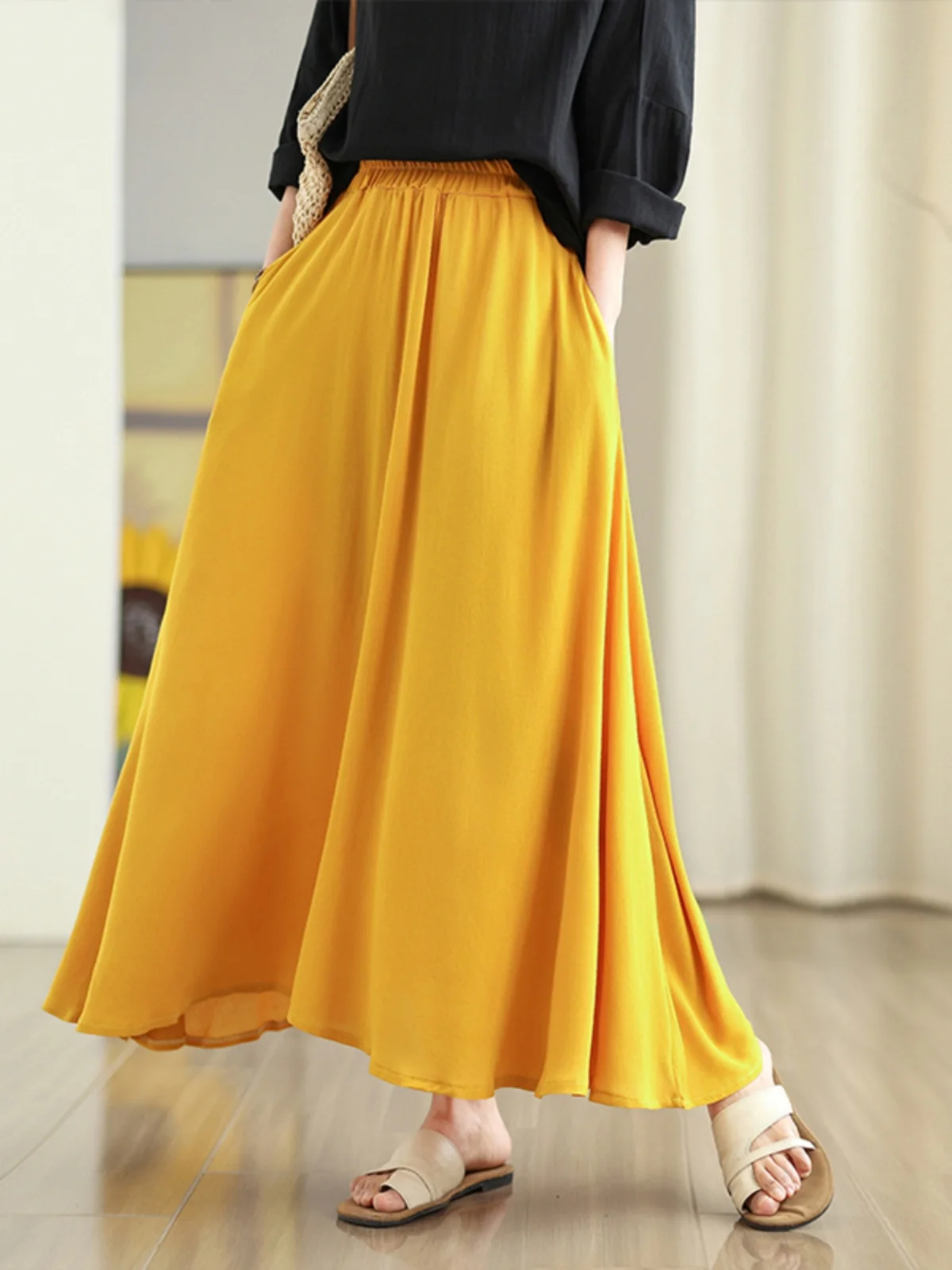 

Женская юбка-миди в стиле ретро, художественная желтая юбка трапециевидной формы с двойной марлей и эластичной резинкой на талии, с воланами, для поездок на работу, боди