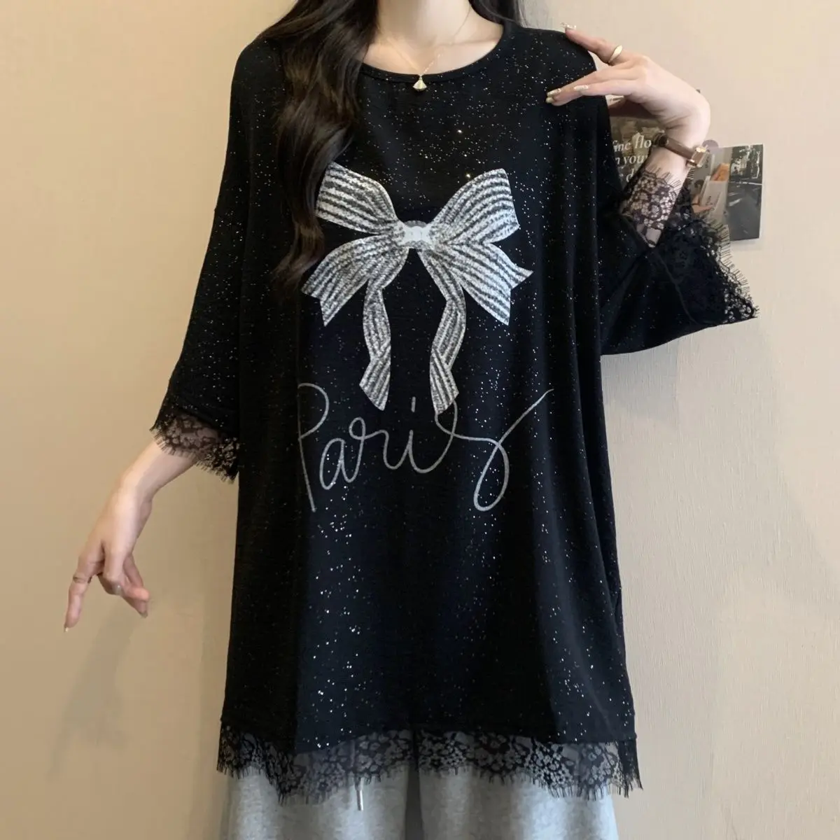 

Spring and Summer Plus Size Women's Hot-selling Loose Wrinkled Ice Silk Bow Embroidered Three-quarter Sleeve T-shirt