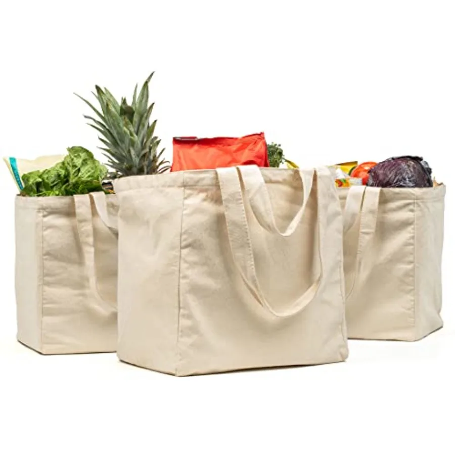

Canvas Grocery Bag 3pc XL Set with Real Pockets, Long Shoulder Strap and Short Handle. Heavy Duty, Foldable, Washable