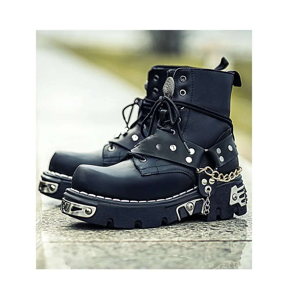 Men's Fashion Genuine Leather Motorcycle Boots,Punk Goth Skull Boots Mid-calf Metal Chain Western Chelsea Cowboy Boots Platform