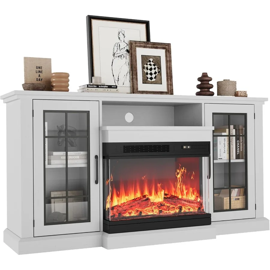 59 Modern Electric Fireplace TV Stand with 3-Sided Glass Enclosure and Adjustable LED Flame Effect Built-in Storage Shelves and