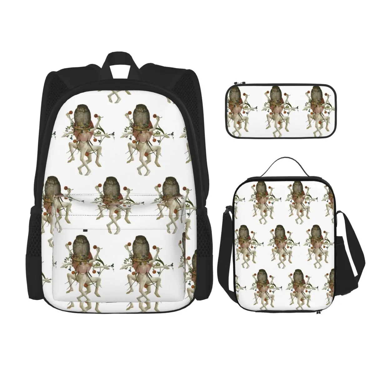 Hieronymus Bosch Dancing Owl Backpacks Children Bookbag School Bags Rucksack Lunch Bag Pen Bag Three-Piece Set