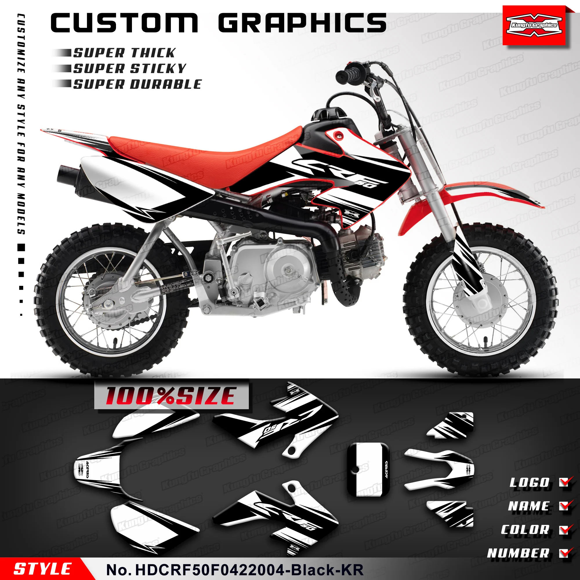 KUNGFU GRAPHICS MX Stickers Enduro Racing Graphic for Honda CRF 50F CRF50 F 2004-2023, Dirt Bike Decal, HDCRF50F0422004-Black-KR