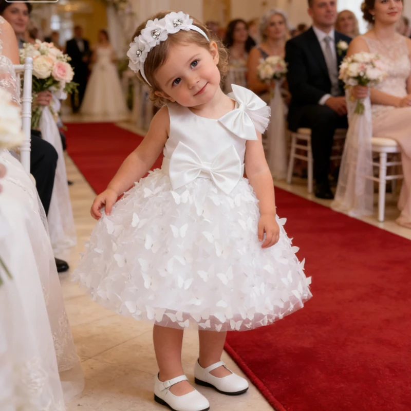 Kid Eid White Butterfly Wedding Newborn Baby Baptism Clothes Big Bow Lace Princess Dress 1st Birthday Party Dress For Baby Girls