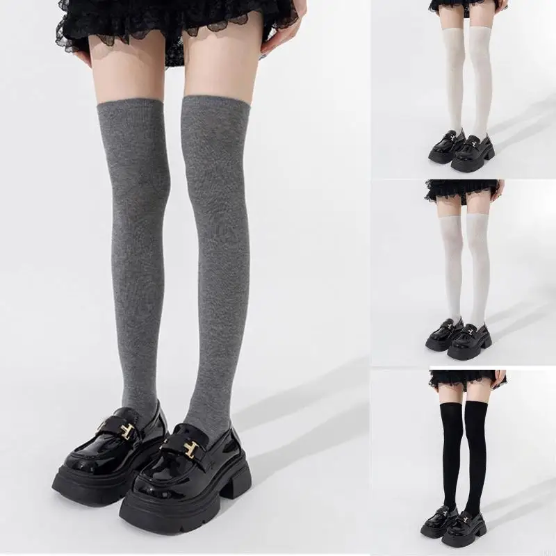 

Women Solid Color Ribbed Cuffs Thigh High Stockings Japanese Preppy Students Stretchy Over The Knee Long Boot Socks 6XDA