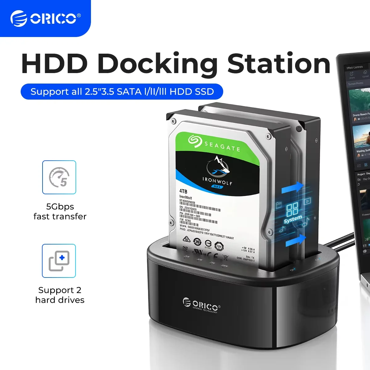 

ORICO Dual-bay Hard Drive Docking Station for 2.5/3.5 Inch HDD SSD SATA to USB 3.0 HDD Docking Station with 12V3A Power Adapter