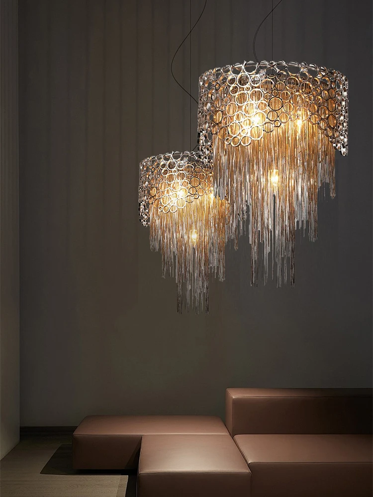 Modern Luxury Waterfall Tassel Metal Staircase Ceiling European Designer Pendant Lights Led Lustre Chandeliers Lighting Fixtures