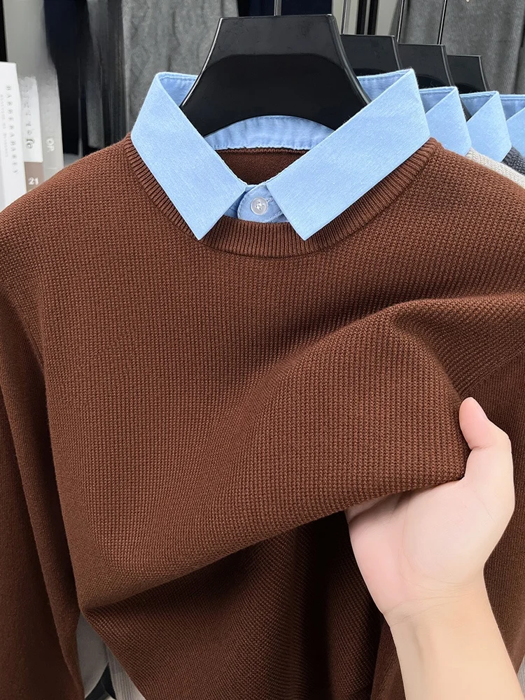 

Rn Men's Casual Long Sve Knitted irt Collar Sweater Autumn Season Versatile Base Layer Fake Two-Piece Trendy Knitwear
