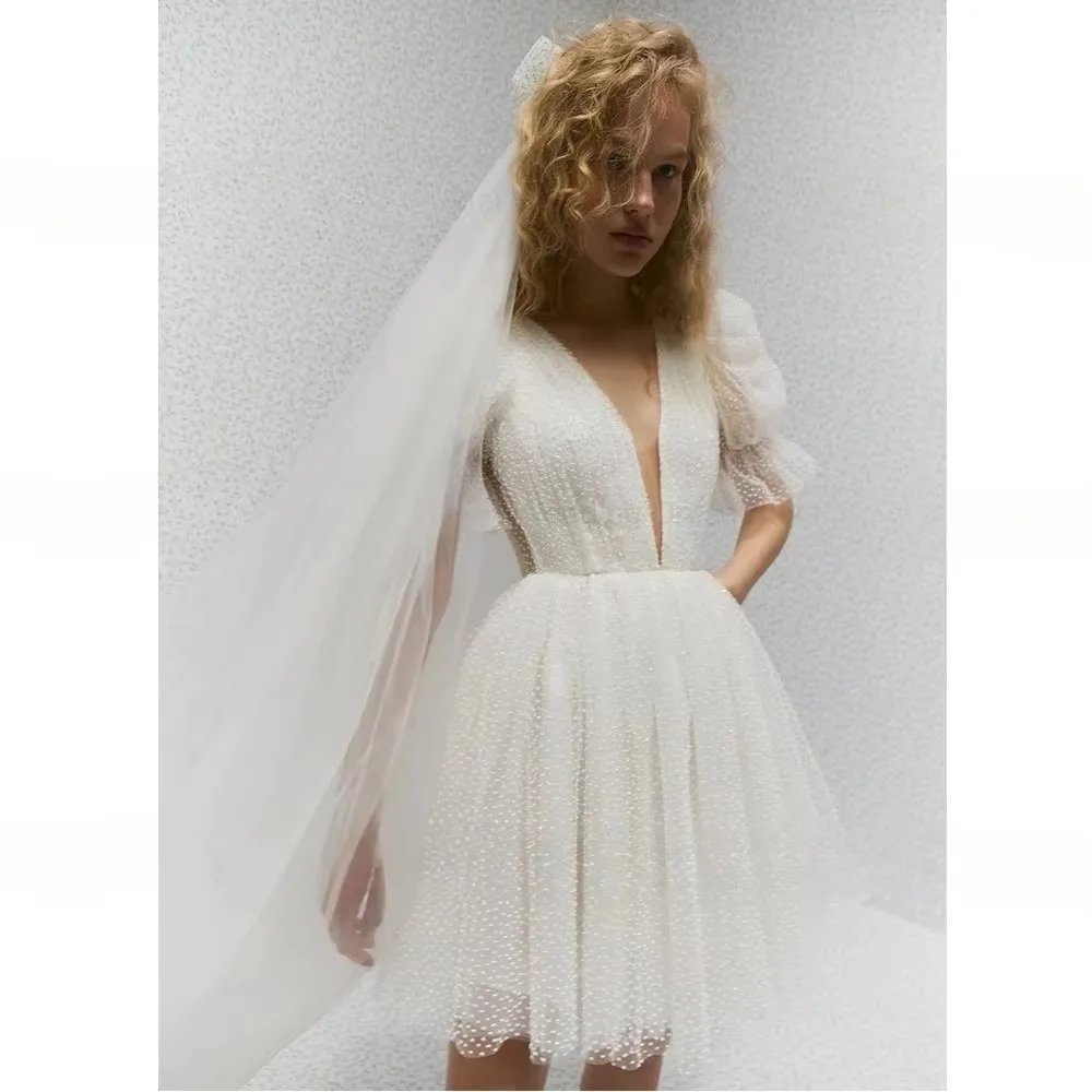 Modern Short Mini Backless Customized Wedding Dress For Women Elegant V-Neck Bride Party Simple Tulle A-line Vestido De Novia