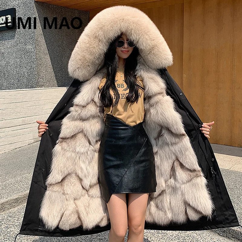 UMI MAO Winter Jacket Femme New Detachable Real Fox Parka Fur Grass Inner Pot Pie Overcoming Coat Women's Medium Long Coat