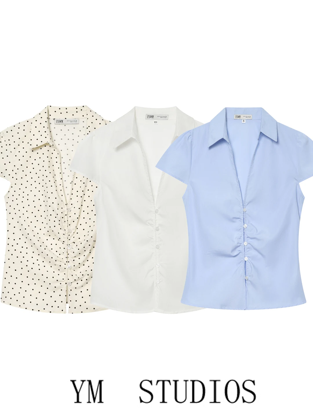Women's Polka Dot Shirt Short Sleeve Gathered Waist Flip Collar Office Slim Fit Versatile Top European Style Polyester Fiber