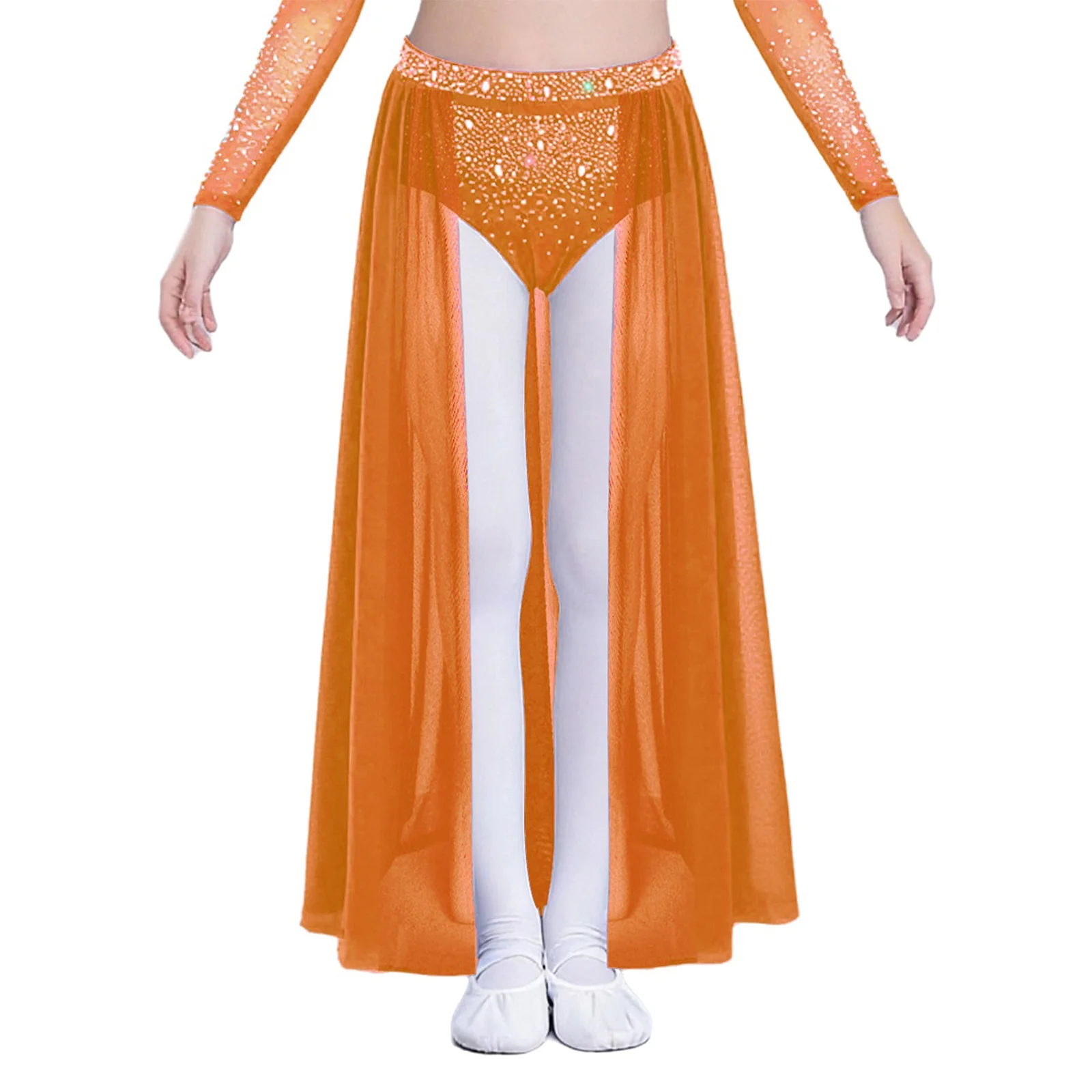 Lyrischer moderner Tanzrock für Kinder, Mädchen, glänzende Strasssteine, vorne offen, fließender, durchsichtiger Netzrock mit integrierten Slips, Ballettkleider