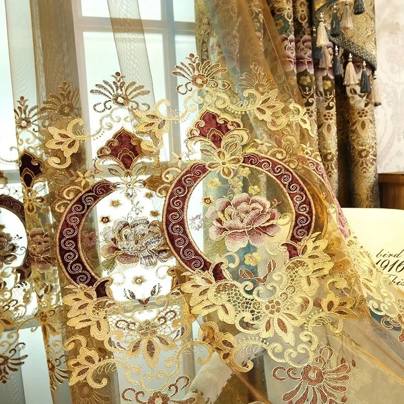 Gold Leather Hollow Luxury High-end European Embroidered Shading Curtains for Living Dining Room Bedroom Custom Home Decoration