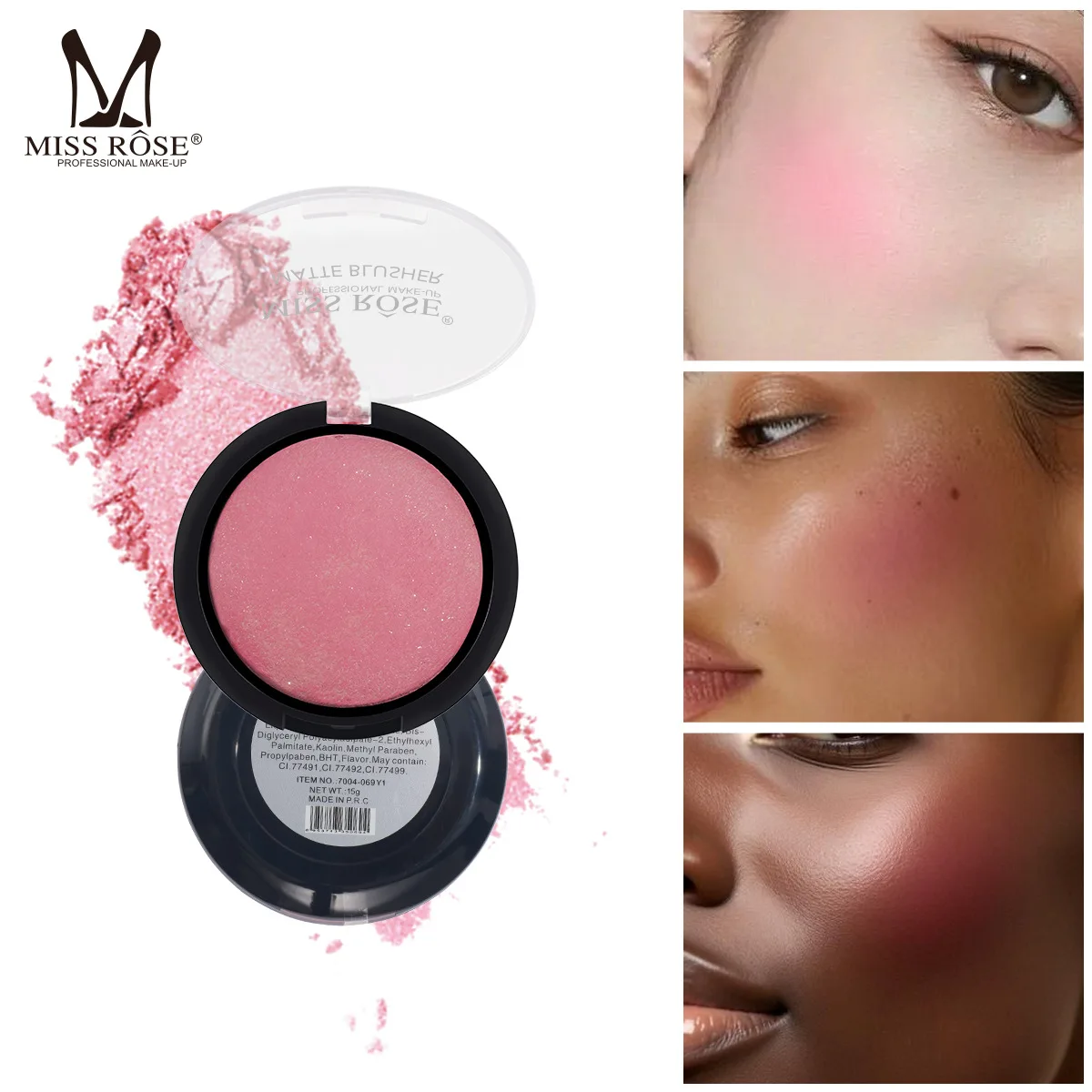 MISS ROSE Embossed Round Blush Palette Smudge Resistant Long Lasting Color Daily Portable Facial Beauty Makeup Cosmetics Tray