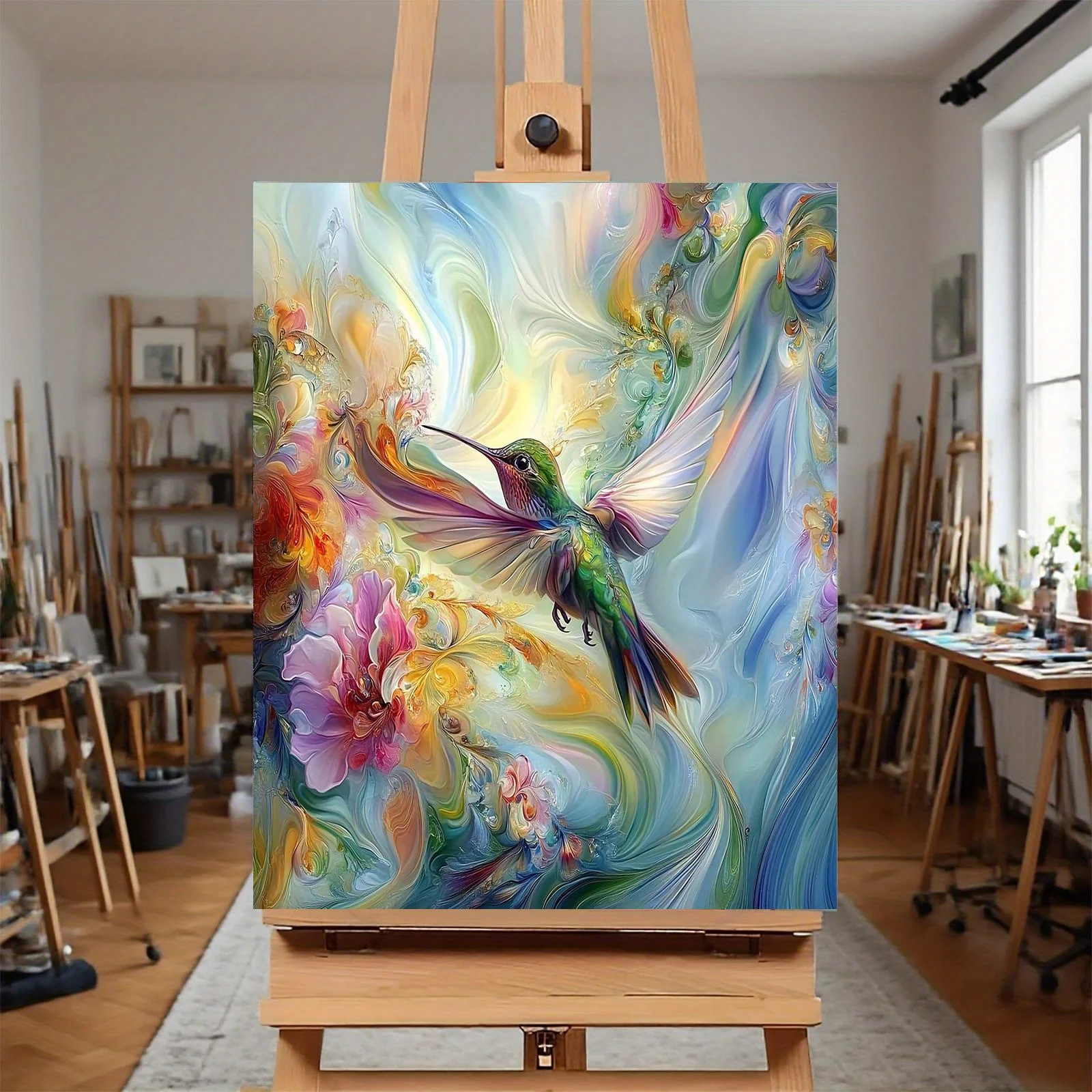 [Professional Art Use] 1pc Frameless Digital Oil Painting Kit, Dreamy Color Hummingbird Floral Product Includes Canvas, Acryl