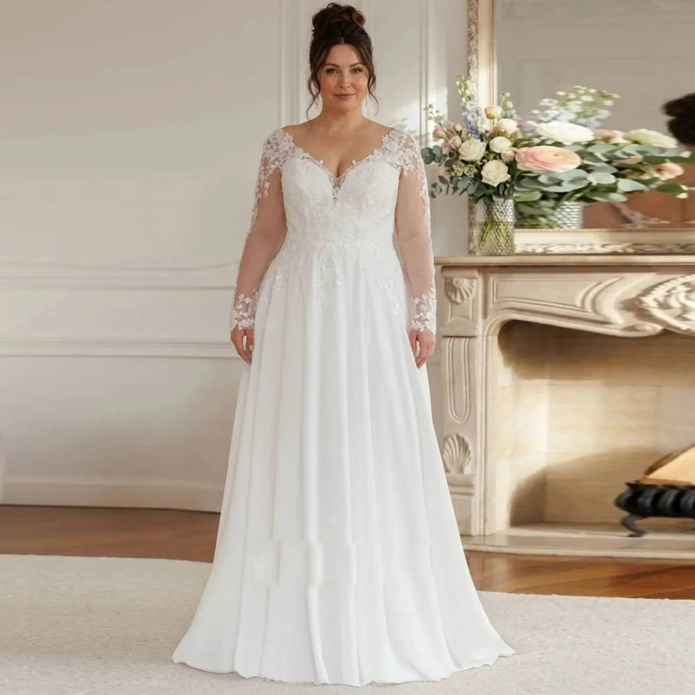 Simple Plus Size Wedding Dresses For Bride Chiffon V-neck A-Line Bridal Gowns Long Sleeve Lace Applique Brides dress Customized