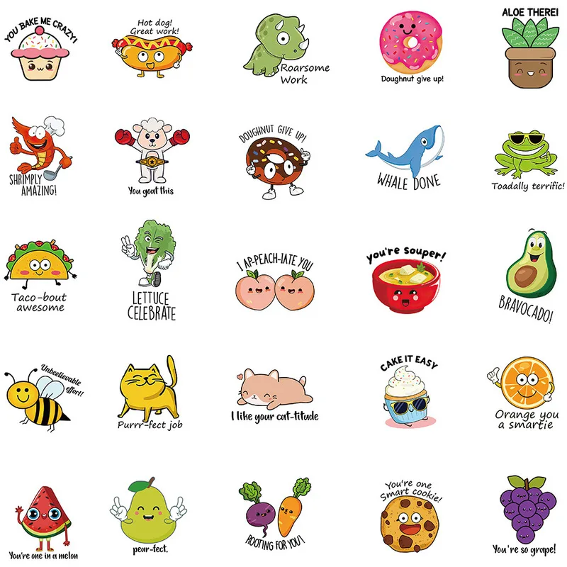 50 ملصقات جرافيتي تحفيزية ممتعة على شكل رسوم كرتونية لطيفة، دفتر الأمتعة، كوب ماء، حساب اليد، ملصقات مقاومة للماء، مكافآت الطلاب