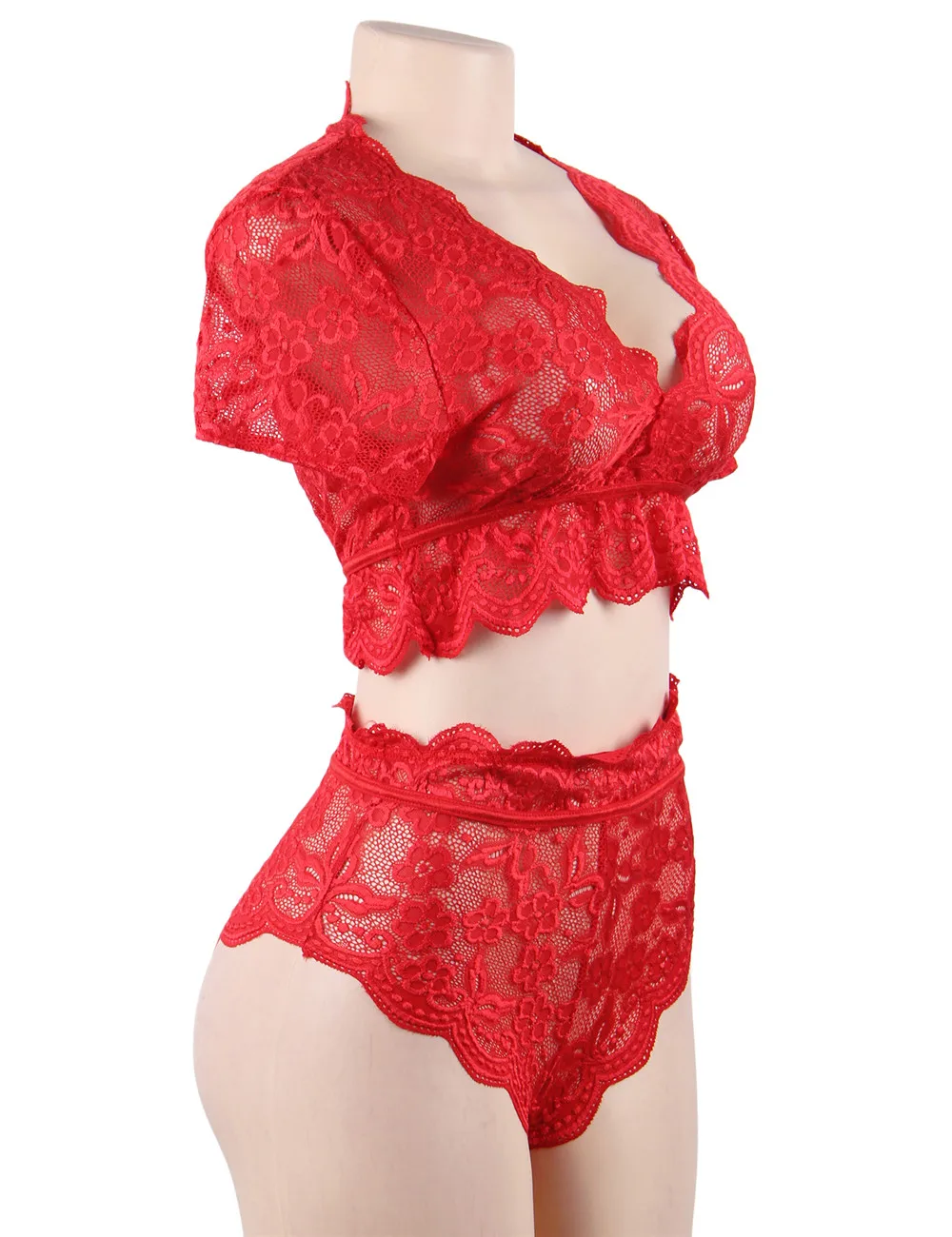 Comeondear-Conjunto de ropa interior para mujer, conjunto de cintura alta, conjunto de lencería transparente, Bralette de encaje de manga corta