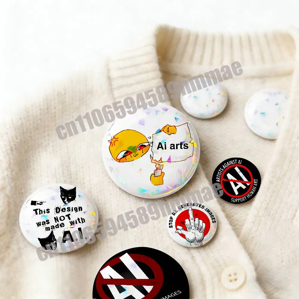 FOR STOP AI Against AI Support Human Art Emblem Round Pins Insignia Badge Cover Ornament 75mm Cosplay Brooch Button