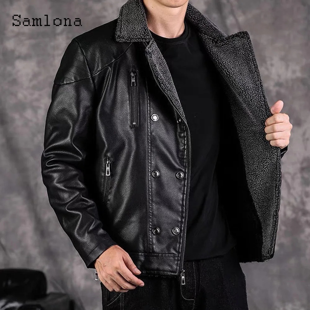 Men's Cool Luxury Faux Pu Leather Jackets Fur Collar Basic Top Outerwear 2024 American European Fashion Zipper Pocket Coats New