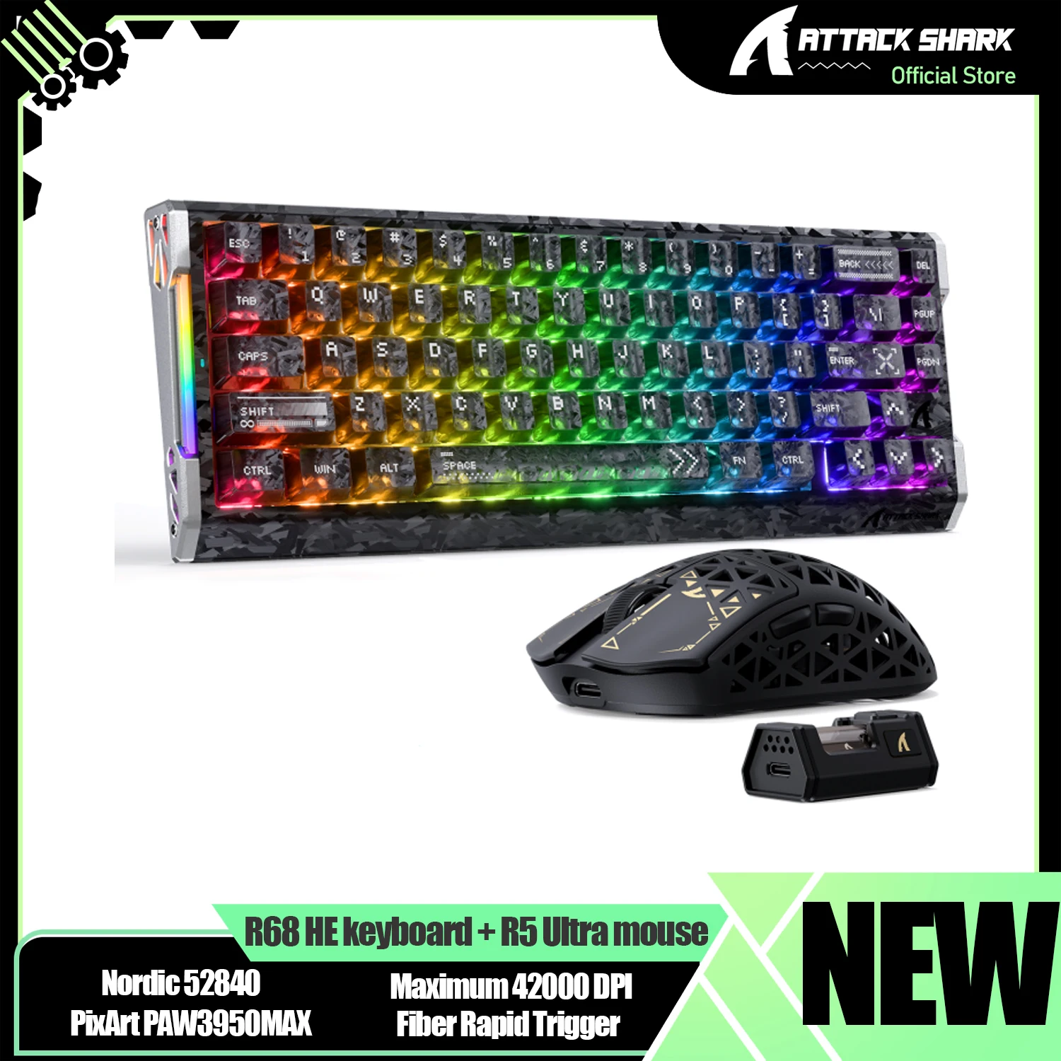 ATTACK SHARK R68 HE 60% RGB 8000Hz Wired Gaming Keyboard + R5 ULTRA 49g SUPERLIGHT Mouse, 42000 DPI PAW3950MAX Wireless Mice