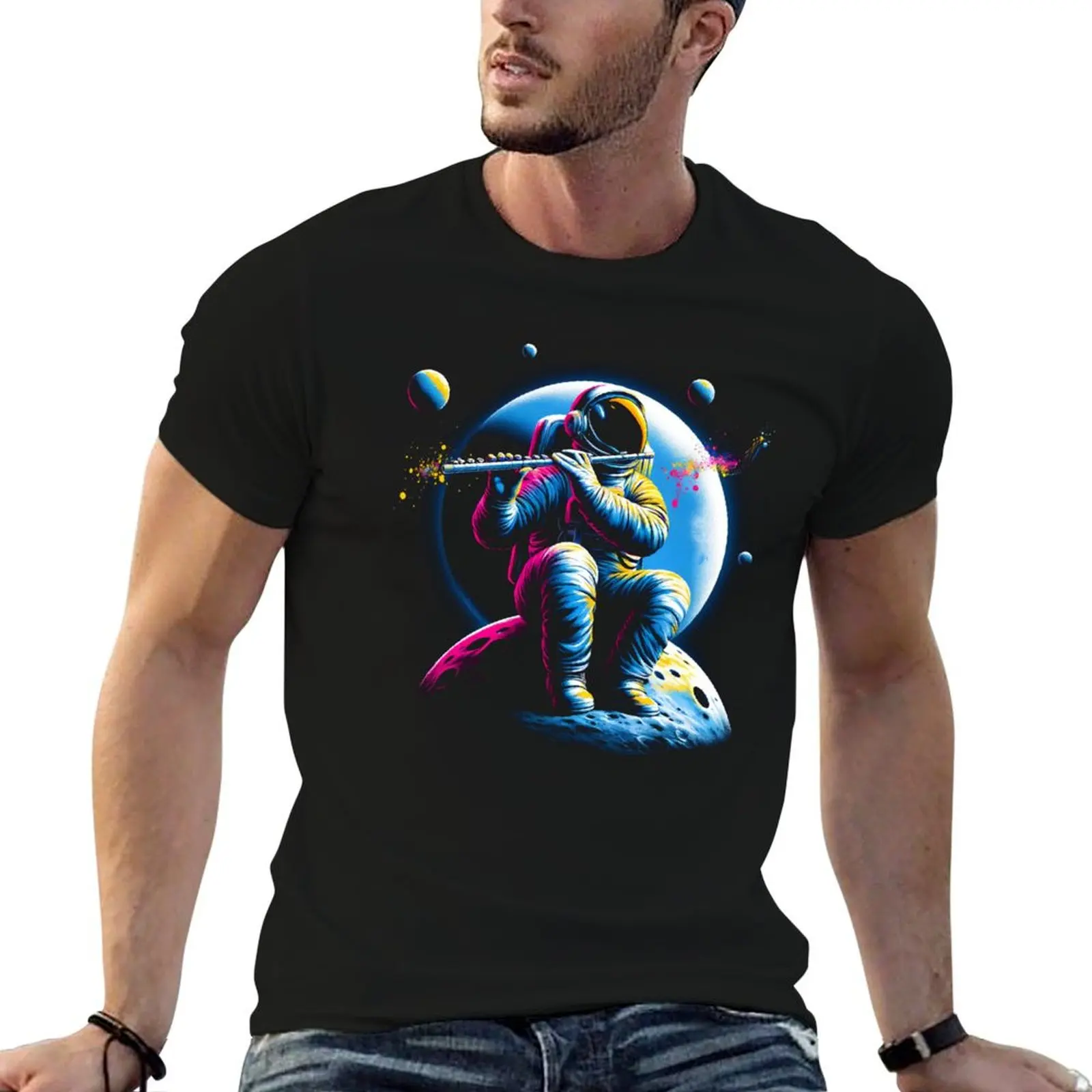 Astronaut Playing Flute in Space Flute Player Flutist T-Shirt Running Gym Short Sleeve Sports Tee