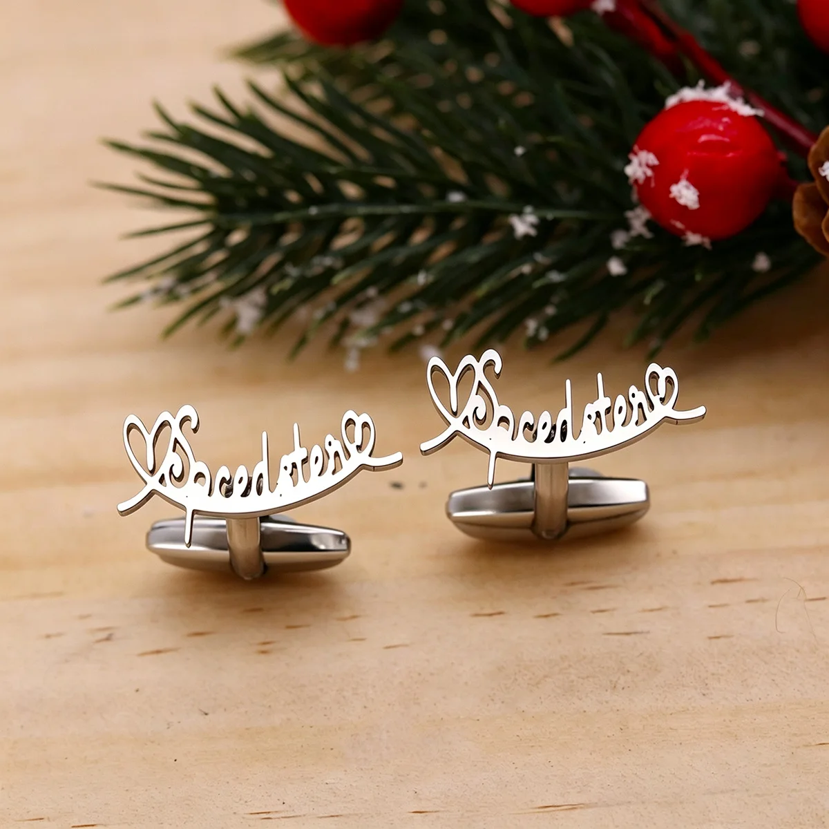 Custom Double Hearts Accent Script Text Cufflinks For Men Women Personalized Stainless Steel Cufflink Gentleman Suit Jewelry