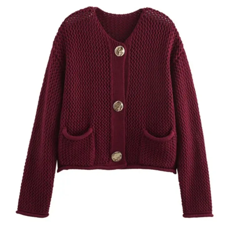 Nuovo maglione cardigan lavorato a maglia bordeaux a maniche lunghe tinta unita moda primavera autunno 2025 per donna