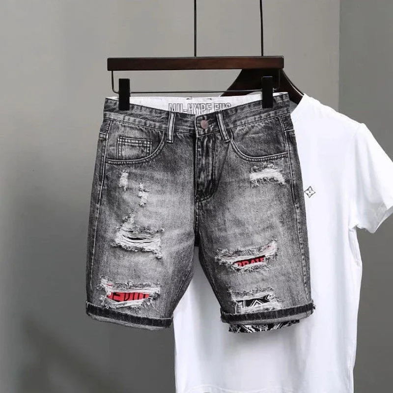 Short Jeans Pants for Men Ripped Blue Baggy Man Denim Shorts Trend 2024 Wide Harajuku Retro Cowboy New in Cut Sale Thin Rude Xl