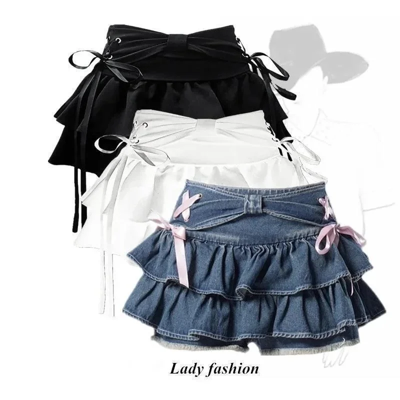 High Waisted Bowknot Lace Up Tiered Mini Skort Y2K Korean Style Slimming Denim Ruffled Skirt For Young Women Summer Daily Wear