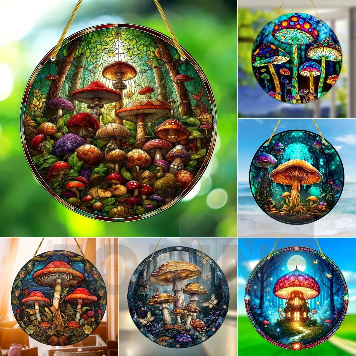 Magical Mushroom Suncatcher,Acrylic Round Stained Translucent Window Hanging Sign,Perfect Holiday Gifts,Family,Bars Cafe Decor