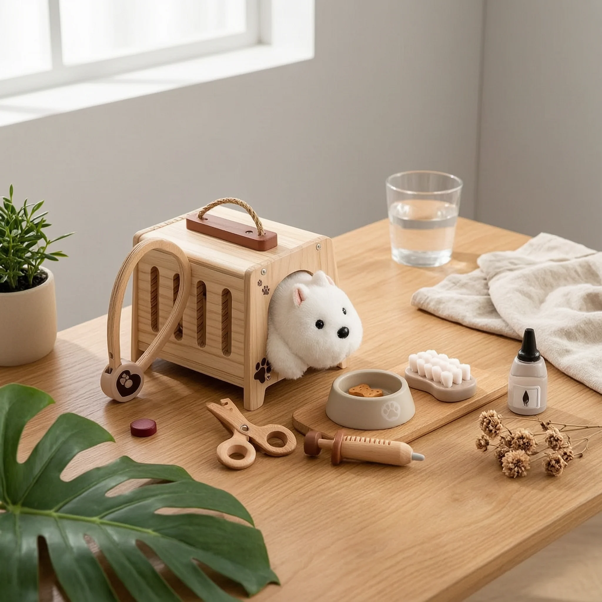 木製獣医おもちゃセット-教育用おもちゃドクターキット-ぬいぐるみ付きペット獣医キット-教育用ドクターセット-ぬいぐるみ犬付き
