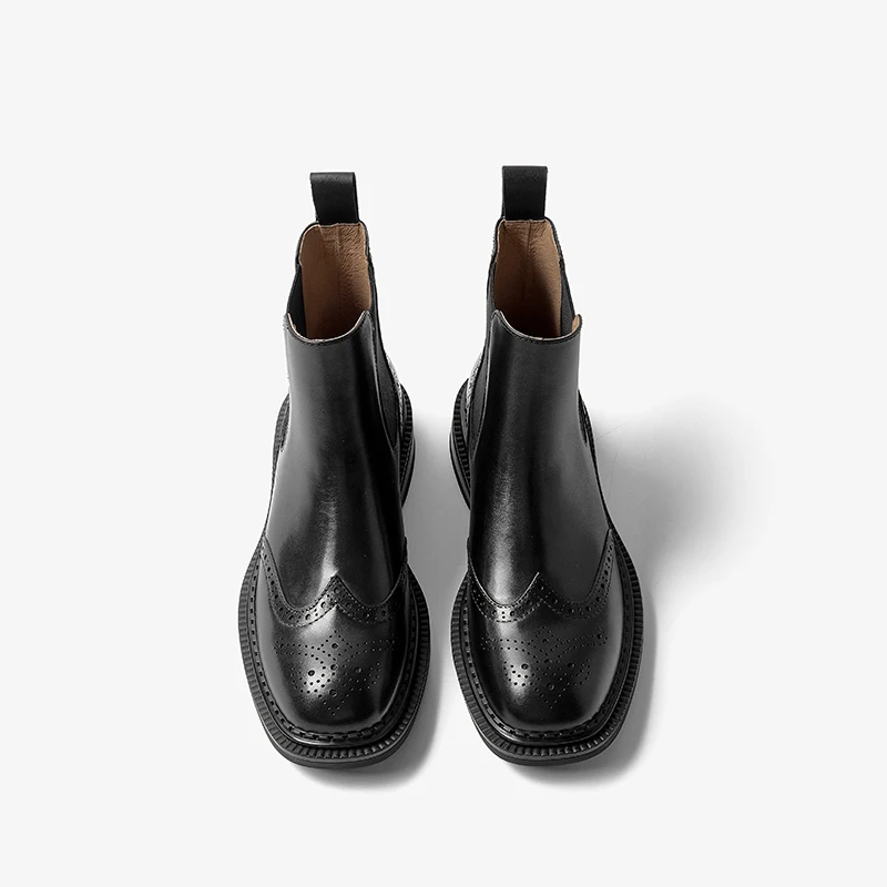 BEAUTODAY Women Chelsea Boots Genuine Calfskin Leather Round Toe Elastic Band Brogue Pattern Ladies Shoes Handmade 03077
