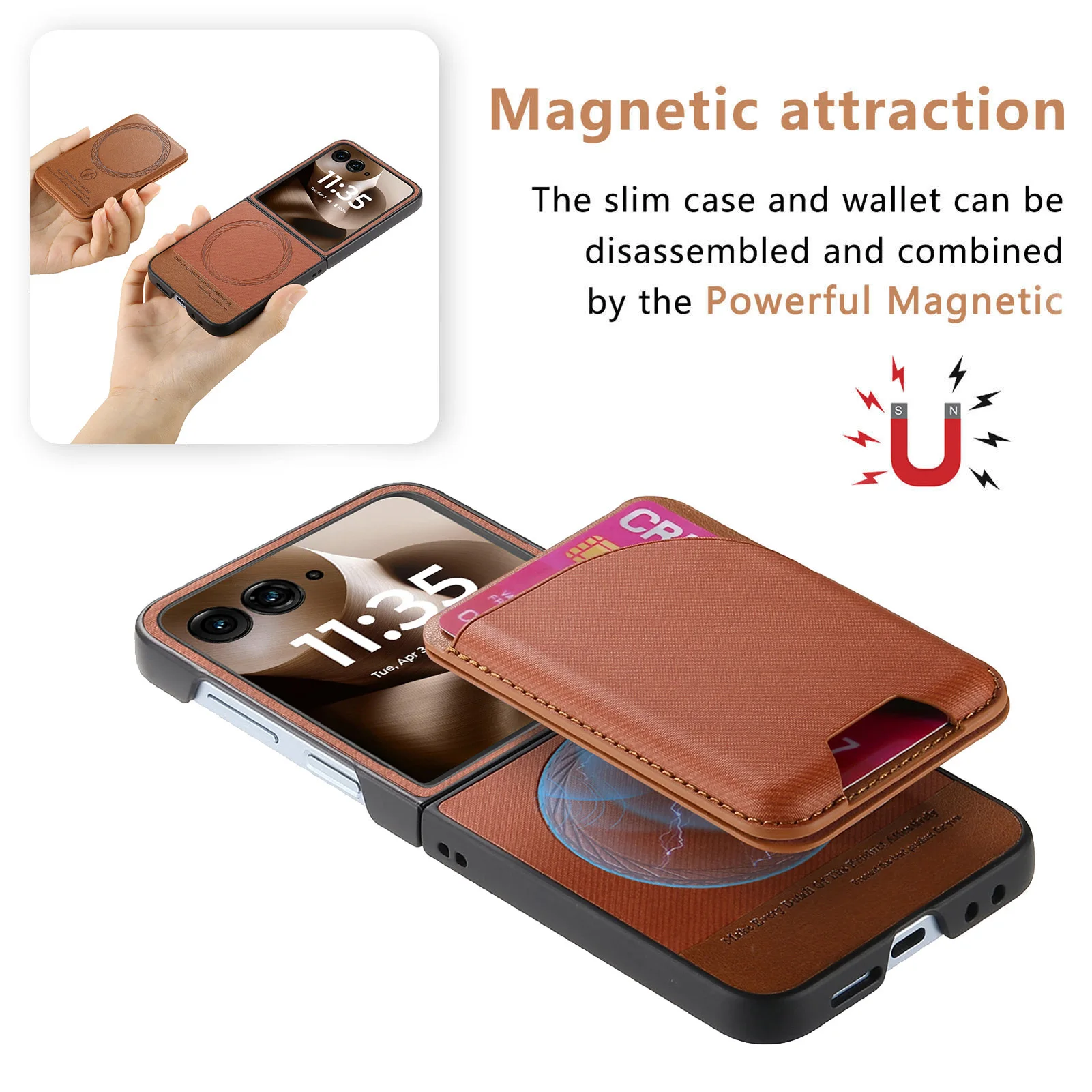 Skórzane etui z bezprzewodowym ładowaniem do telefonu Motorola MOTO Razr 70 Plus 60 50 40 Ultra Pro 2026, magnetyczny uchwyt na karty, twarda obudowa z funkcją podstawki. — zdjęcie produktu 6