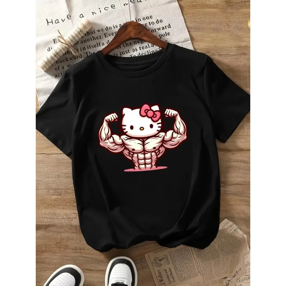 تي شيرت MINISO Hello Kitty بنمط العضلات للرجال والنساء بنمط كرتوني وأكمام قصيرة مناسب لجميع المواسم بنمط كاجوال قابل للتنفس
