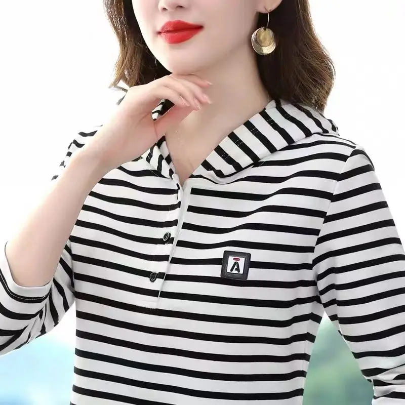 Spring and Autumn Women\'s Long Sleeve T-shirt Pure Cotton Hooded Sweater Black White Stripe Commuter Tees Fashion Loose Tops