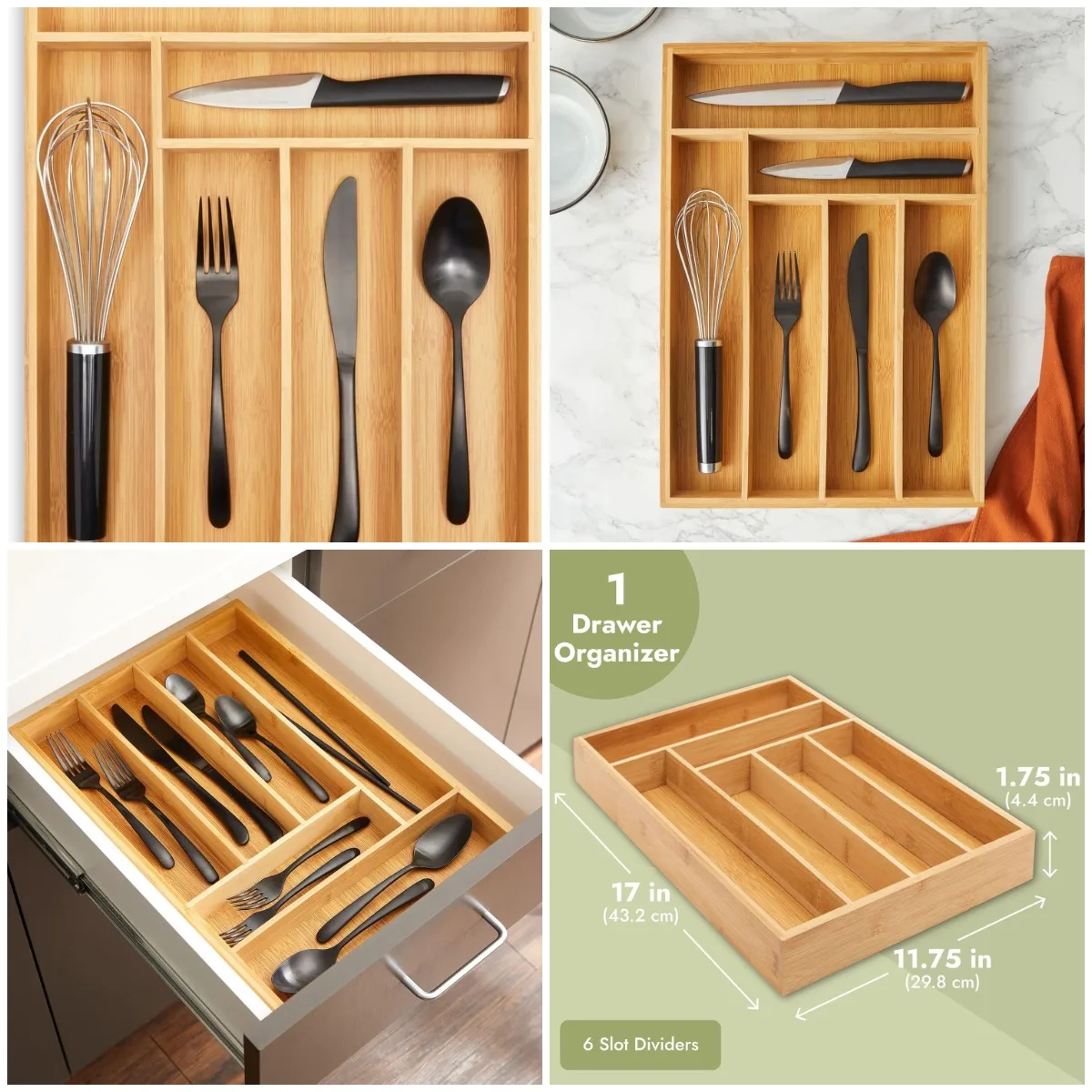 

Kitchen Drawer Organizer Tray, 6-Slot Wood Utensil Holder, 17 x 11.75 x 1.75 in, Silverware Storage