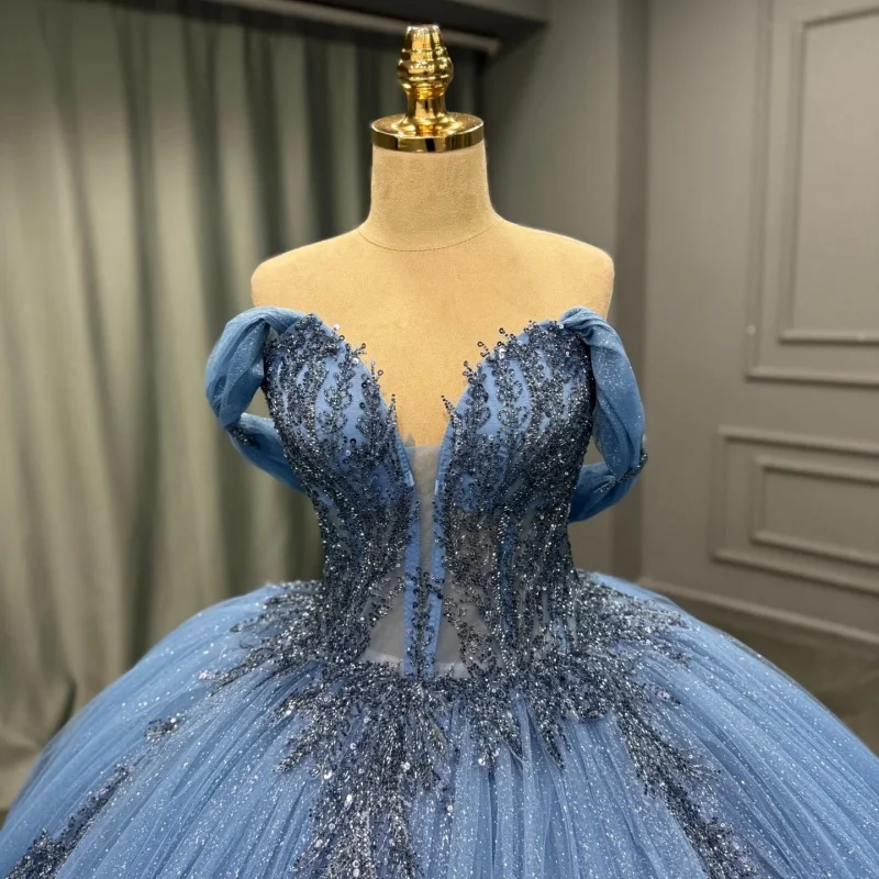 

Shiny haze blue Quinceanera Dress Glitter Decal off-shoulder layering Ruffle Long tail Vestidos De 15 Quinceanera ﻿Customize