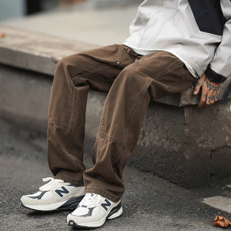 

Винтажные мужские брюки прямого кроя для работы, цвет кофе, повседневные брюки, тренд уличной моды, молодежный стиль, весна-осень