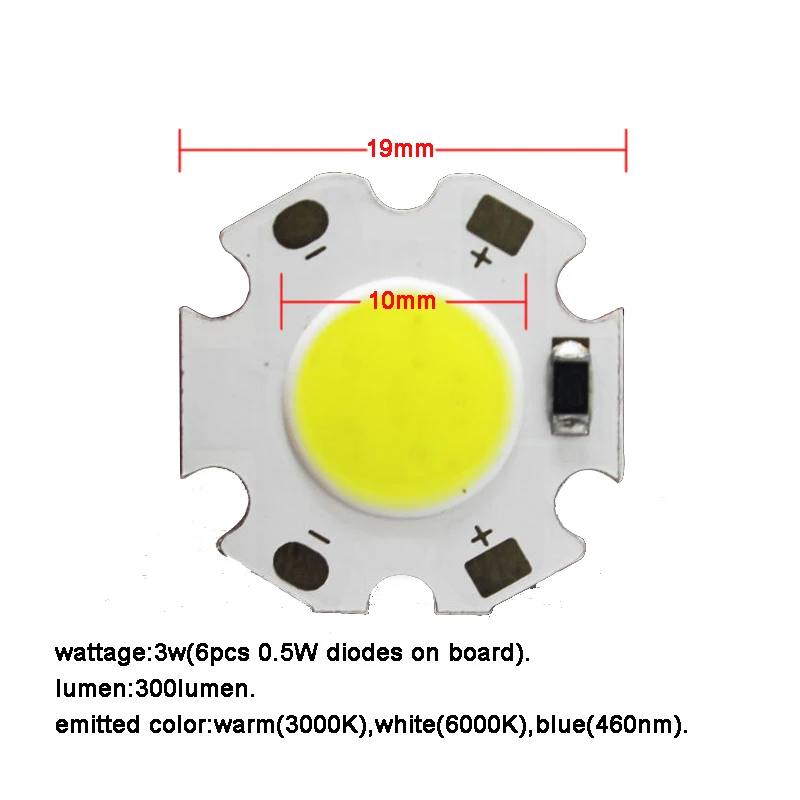 Input 3.7V 5V 3W Warm White Blue LED COB Light + 19mm Star Base