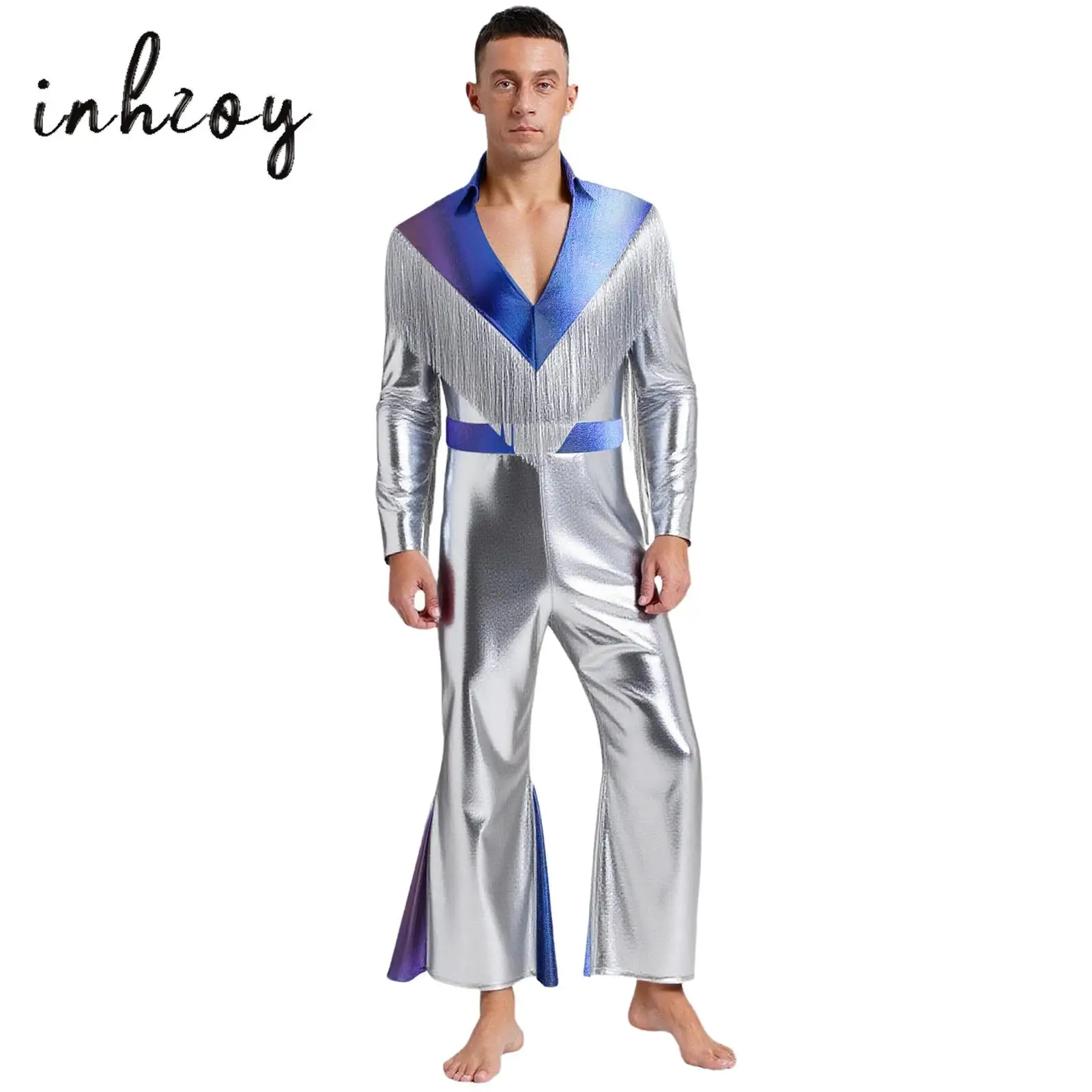 

Men Disco Jumpsuit Metallic Shiny Color Block Tassel Lapel Flare Sleeve Wide Leg Pants Rompers for Halloween Cosplay Role Play