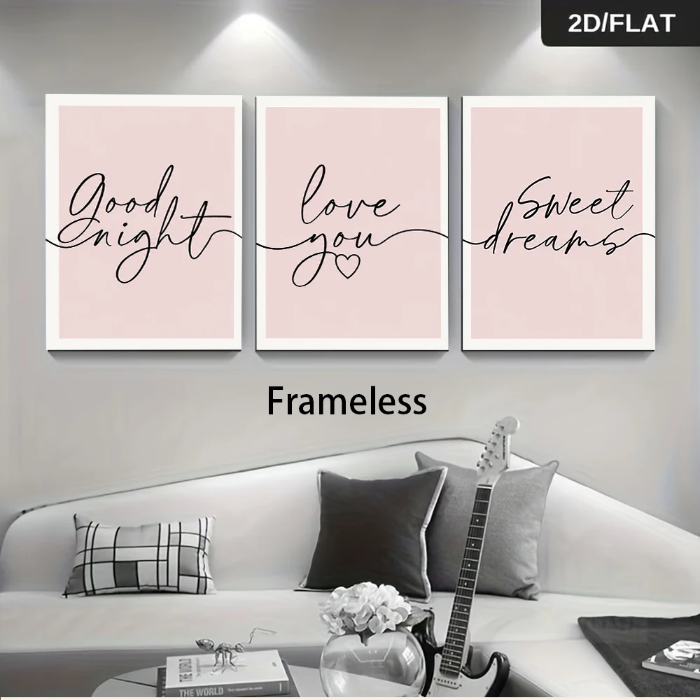 1 Set Modern Minimalist Frameless 3-Piece Decorative Art – Pink Background with English Typography (2D Flat Design)