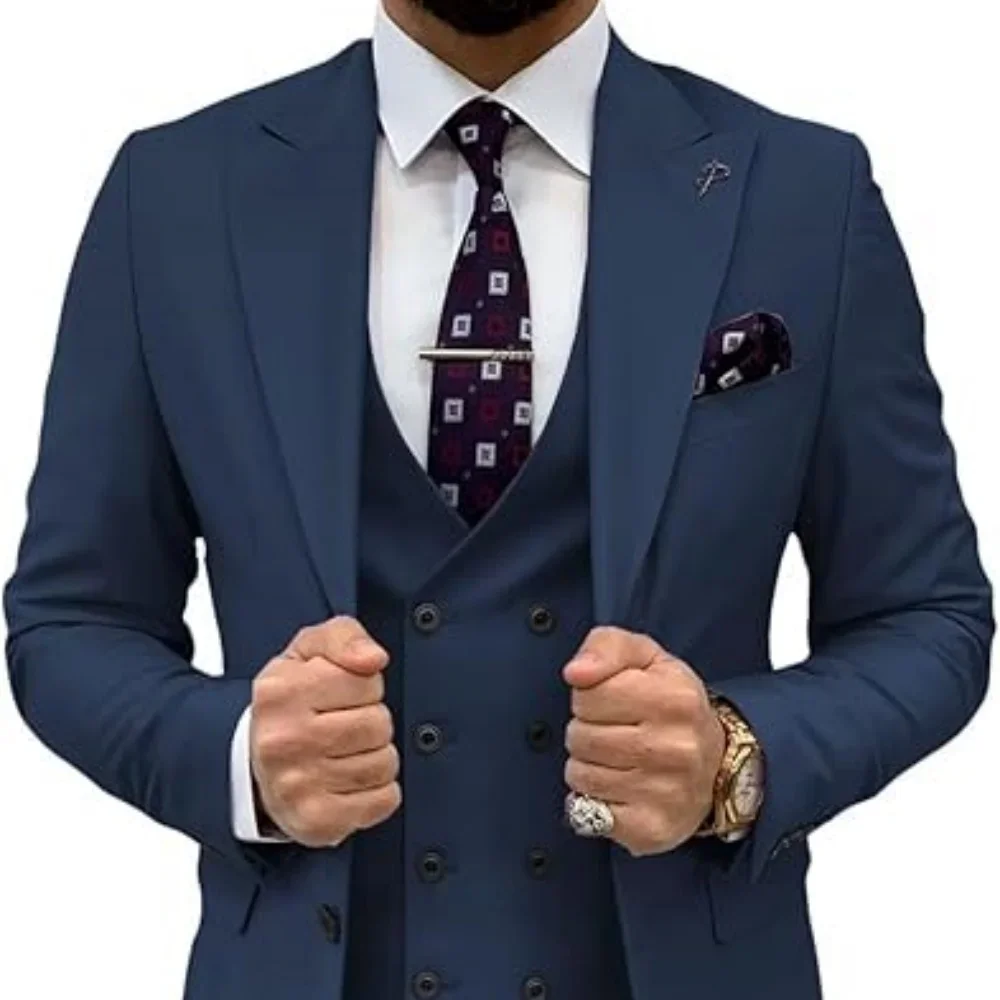 

Navy blue Men's 3 Pieces Suit Peak Lapel Jacket Vest Trousers Dinner Wedding Groom Tuxedos Slim Fit Formal Business Suits