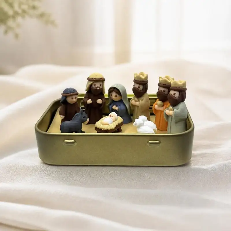 Mini Christmas Nativity Set In Tin Box Cute 3D Printed Figures Manger Set Iron Box For Christmas Home Decoration Holiday Gifts