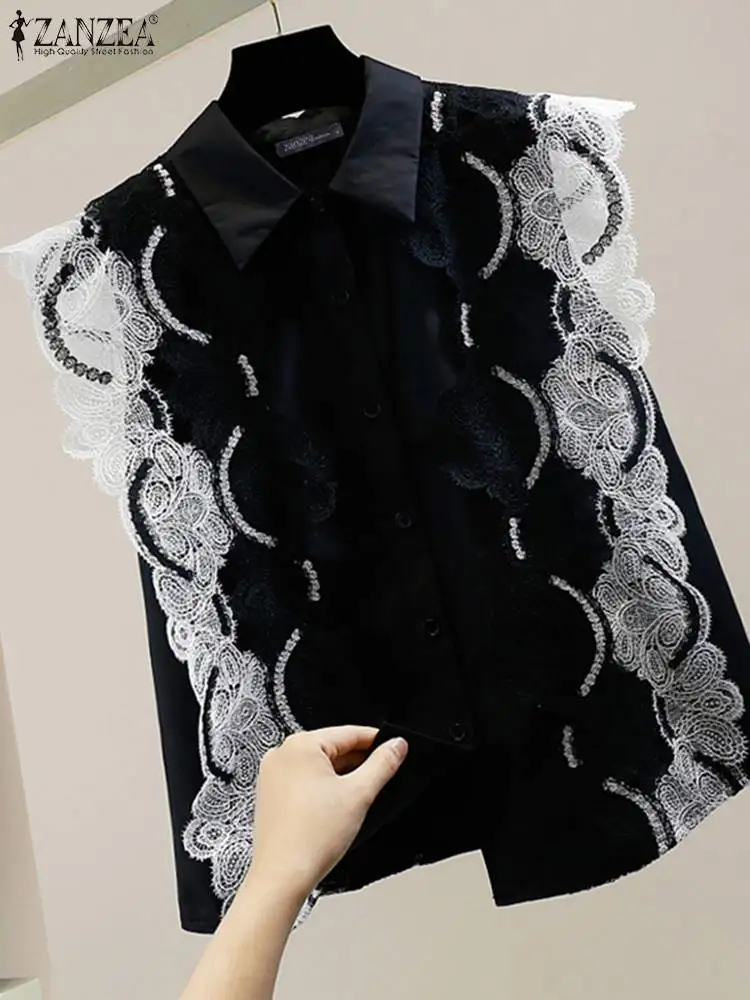 

Fashion Sleeveless Office Shirt Women Korean Lapel Neck Tanks Tops ZANZEA 2024 Summer Lace Designer Patchwork Blouse Party Tops