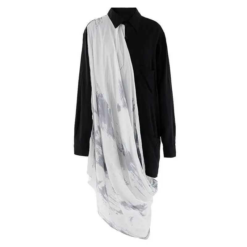 

Black Color-block Women Irregular Big Size Blouse New Lapel Long Sleeve Shirt Fashion Spring Autumn 2026 BX5C